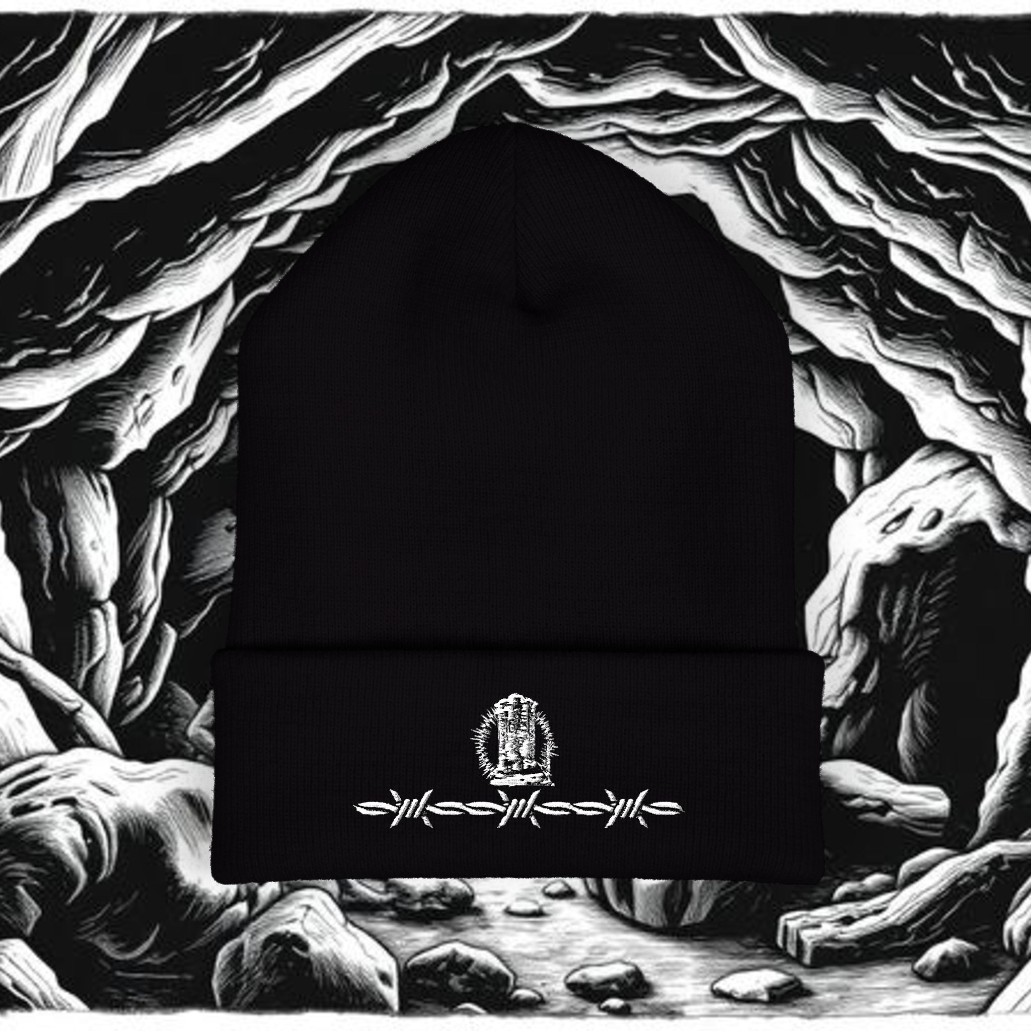 Embroidered Barbed Wire Rose Cuffed Beanie