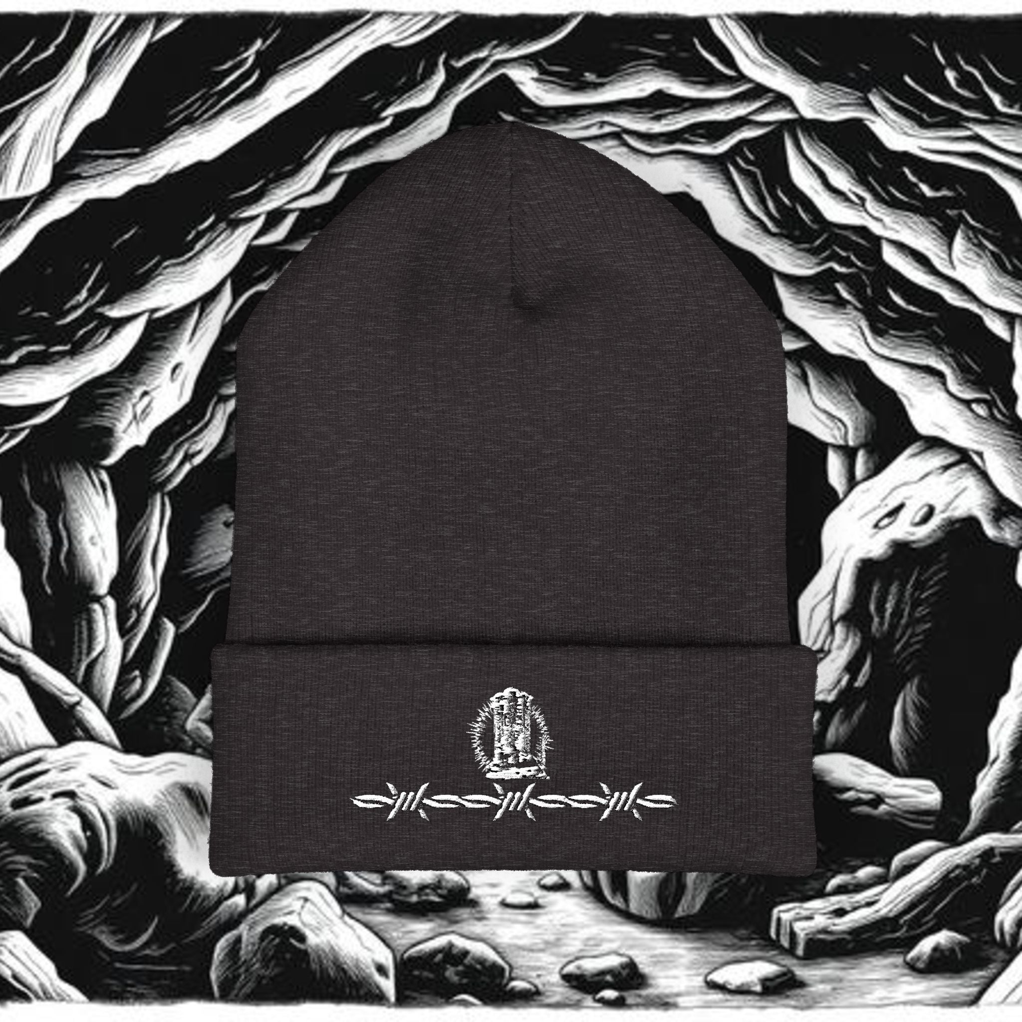 Embroidered Barbed Wire Rose Cuffed Beanie